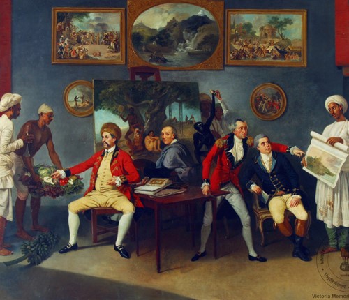 Image of a painting depicting a scene of British imperialism in India. Painting title: Johann Zoffany with Colonel Polier, Claude Martin and John Wombwell