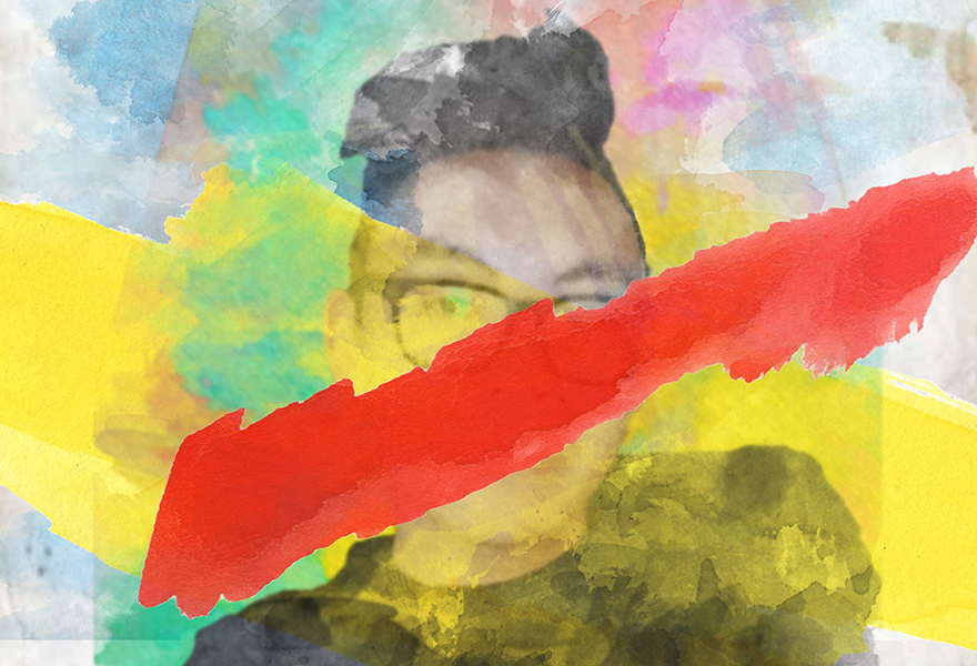 Digitally painted portrait of person with splashes of red and yellow hiding the face