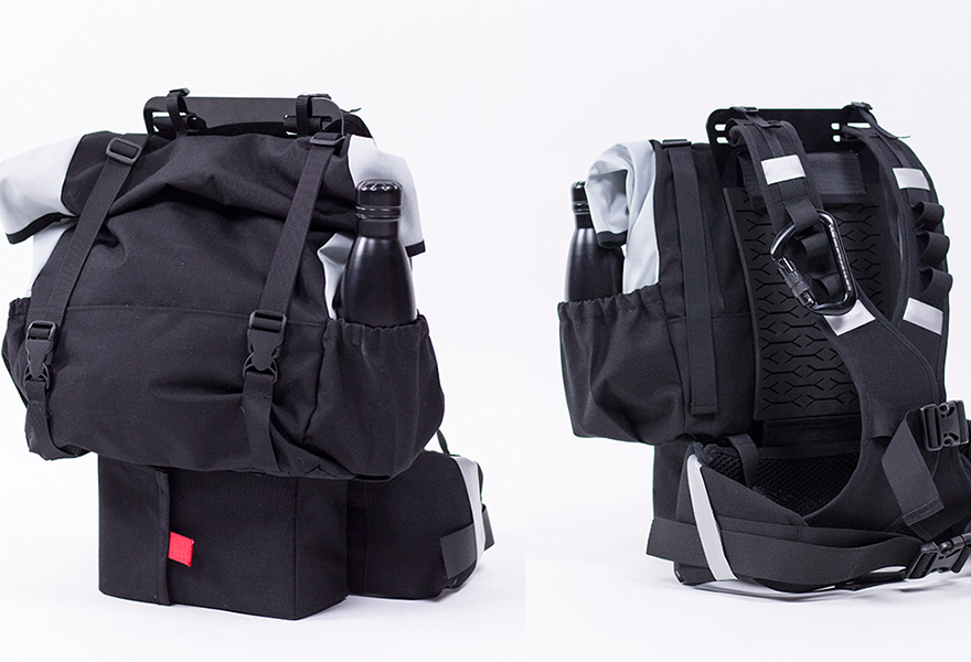 Front and back views of a black backpack