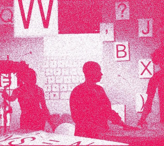 Image containing pink grain outlines on a white background. Outlines depict three people standing in the foreground with tiled letters "Q," "W," "'," "?," "B," and "X" clearly. Other letters unclear.