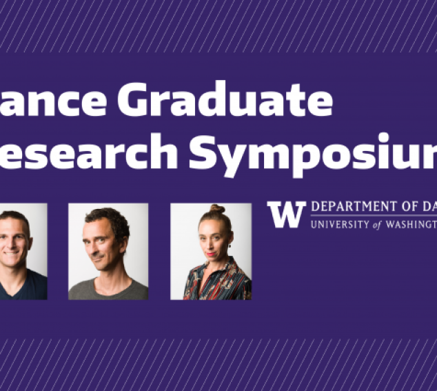 White text on purple background "Dance graduate research symposium." Head shots of Alexander Olivieri, Roel Seeber, and Alia Swersky.