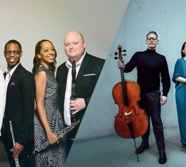 Collage of two images. Nine musicians standing, holding instruments in front of plain backgrounds.