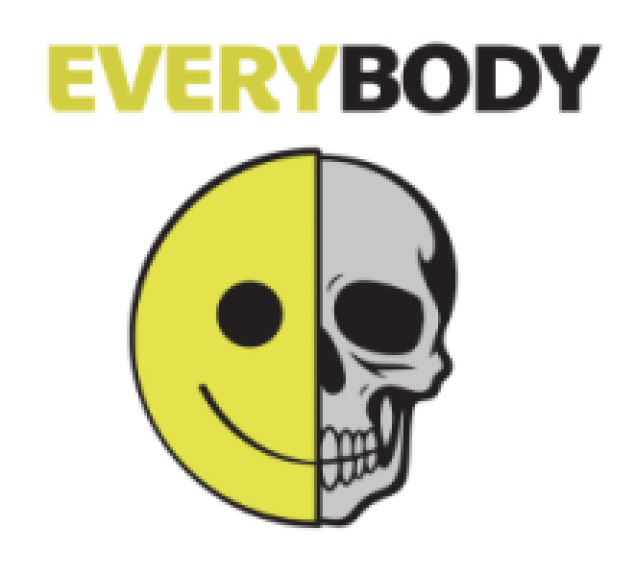 Graphic image of a smiley face and a scull