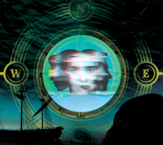 A graphic of a womans face shape shifting over a sail boat and compass