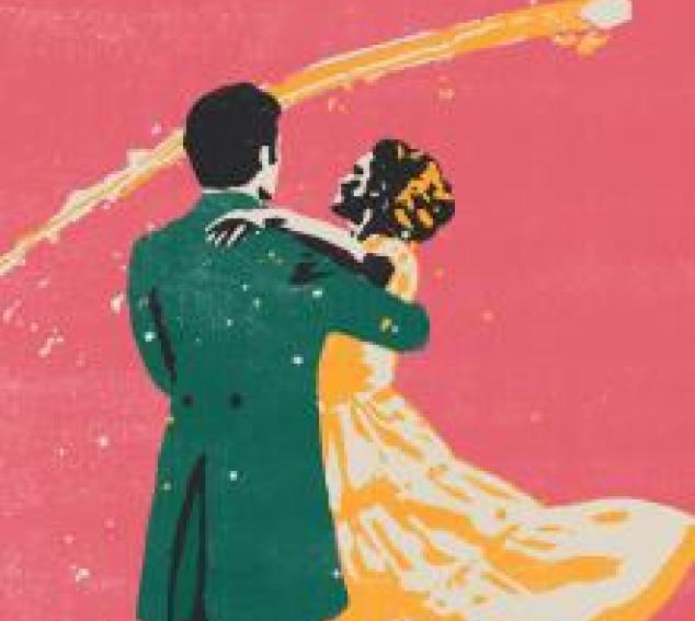Man and woman dancing with comet streaking through sky