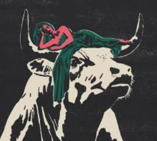 Bull with woman laying across horns